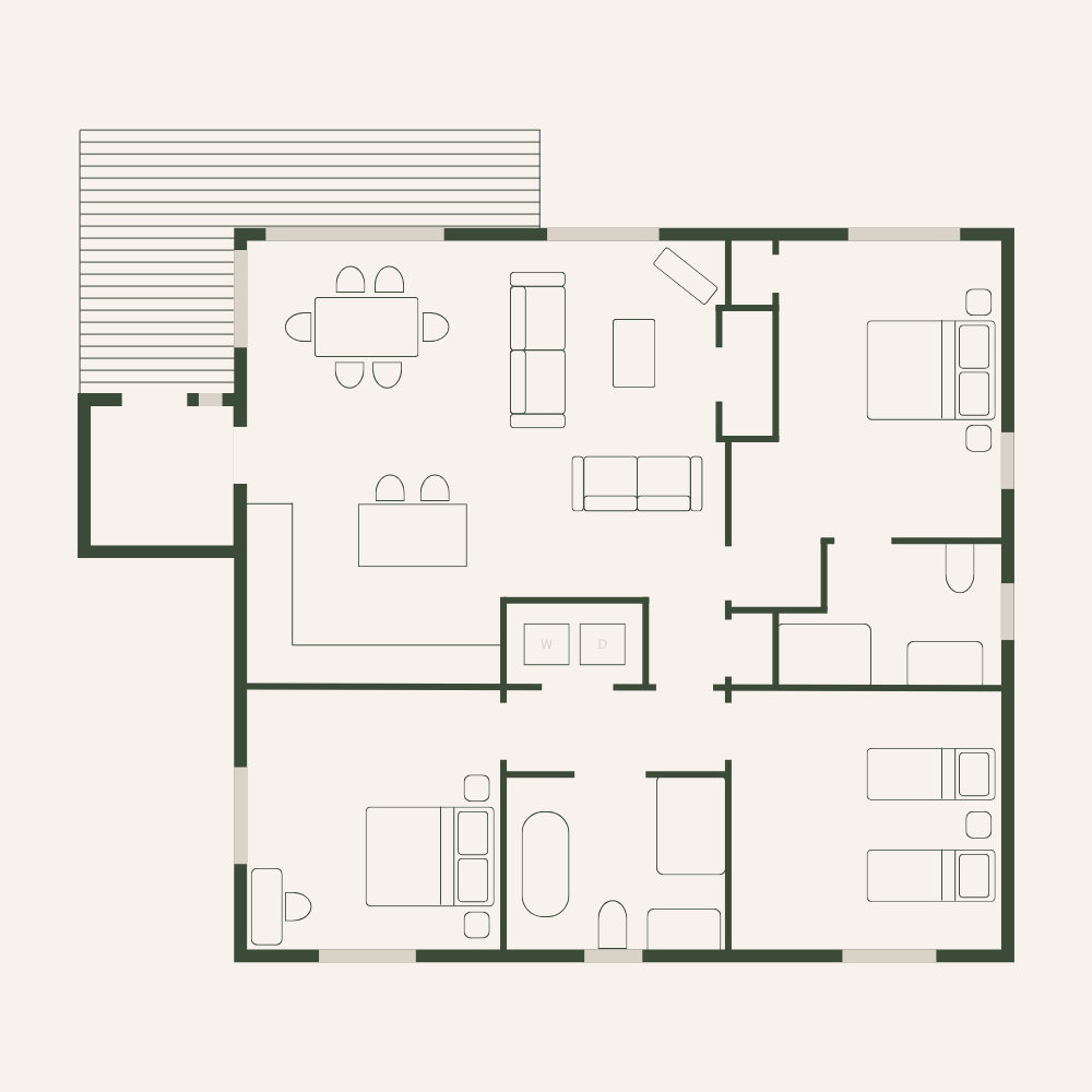 Torran Cottage floor plan, single level, three bedrooms, two bathrooms, open-plan living and dining